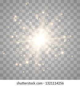 Gold glow light effect with white sparks and golden stars shine with special light.White glowing light. Star Light from the rays. The sun is backlit. Bright beautiful star. Sunlight. EPS10.