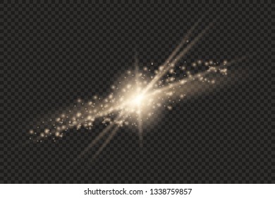 Gold glow light effect with white sparks and golden stars shine with special light.White glowing light. Star Light from the rays. The sun is backlit. Bright beautiful star. Sunlight. EPS10