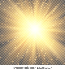 Gold glow light effect with white sparks and golden stars shine with special light.White glowing light. Star Light from the rays. The sun is backlit. Bright beautiful star. Sunlight. EPS10