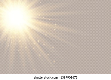 Gold glow light effect with white sparks and golden stars shine with special light.White glowing light. Star Light from the rays. The sun is backlit. Bright beautiful star. Sunlight. EPS10