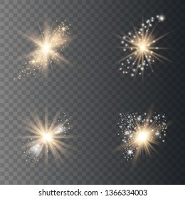 Gold Glow light set with white and golden dust, stars. Glitter special light effect. Christmas. Sun flash with rays and spotlight. Vector illustration EPS10.