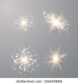 Gold Glow light set with white and golden dust, stars. Glitter special light effect. Christmas. Sun flash with rays and spotlight. Vector illustration EPS10.