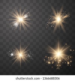 Gold Glow light set with white and golden dust, stars. Glitter special light effect. Christmas. Sun flash with rays and spotlight. Vector illustration EPS10.