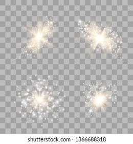 Gold Glow light set with white and golden dust, stars. Glitter special light effect. Christmas. Sun flash with rays and spotlight. Vector illustration EPS10.