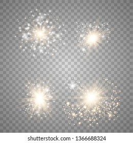 Gold Glow light set with white and golden dust, stars. Glitter special light effect. Christmas. Sun flash with rays and spotlight. Vector illustration EPS10.
