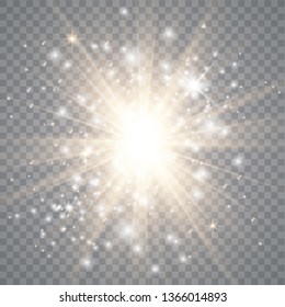 Gold glow light with white and golden dust, stars. Glitter special light effect. Christmas. Sparkling magic dust. Vector illustration EPS10.