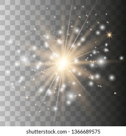 Gold glow light with white and golden dust, stars. Glitter special light effect. Christmas. Sparkling magic dust. Vector illustration EPS10.