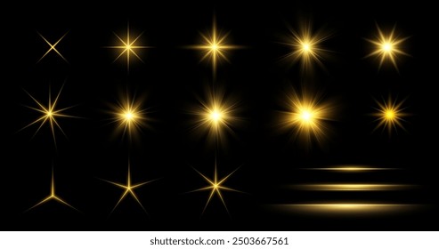 Gold Glow lighting Star. Collection of different light effects on black background. Set of Transparent Sparkling stars. Realistic vector illustration