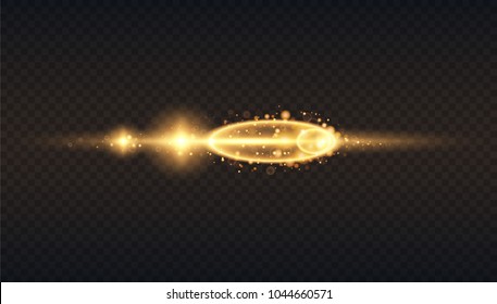 Gold glow particles bokeh. Glitter effect. Burst with sparkles. Translucent special light effect. Black background. Digital element. Vector blur in motion. Horizontal star burst rays.