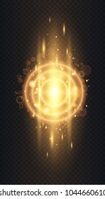 Gold glow particles bokeh. Glitter effect. Burst with sparkles. Translucent special light effect. Black background. Digital element. Vector blur in motion. Vertical star burst rays.