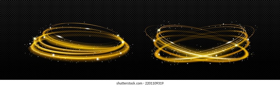 Gold glow spinning circles, speed, motion effect, thunder energy or magic spiral waves, swirls with glitter, shimmer and sparks, isolated shiny round vortex tracees, Realistic 3d Vector illustration