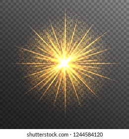 Gold glow star light effect on transparent background. Vector illustration.