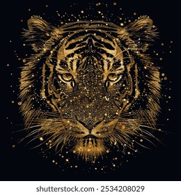 Padrão de cabeça de tigre 3d brilhante dourado com brilho brilhante. Vetor moderno fundo preto com tigre de ouro estampado. Linhas de ouro ornamentos. Design decorativo isolado na moda. Logotipo. Elemento. Camisa T. Imprimir.