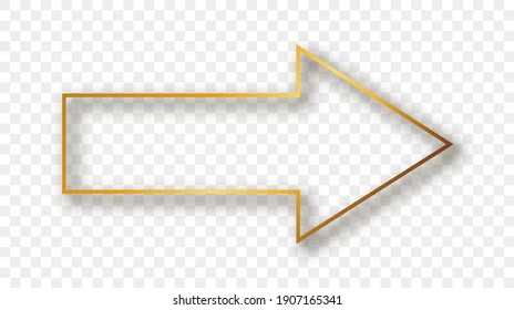 Gold glowing arrow shape frame with shadow isolated on transparent background. Shiny frame with glowing effects. Vector illustration.
