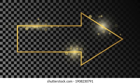 Gold glowing arrow shape frame isolated on dark transparent background. Shiny frame with glowing effects. Vector illustration.