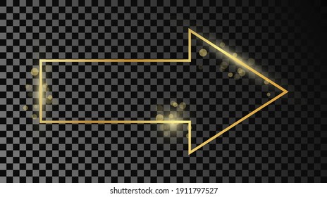 Gold glowing arrow shape frame isolated on dark transparent background. Shiny frame with glowing effects. Vector illustration.