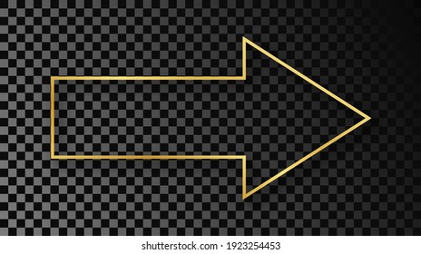 Gold glowing arrow shape frame with shadow isolated on dark transparent background. Shiny frame with glowing effects. Vector illustration.