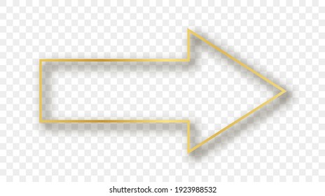 Gold glowing arrow shape frame with shadow isolated on transparent background. Shiny frame with glowing effects. Vector illustration.
