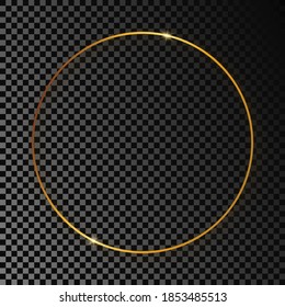 Gold glowing circle frame with shadow isolated on dark transparent background. Shiny frame with glowing effects. Vector illustration.