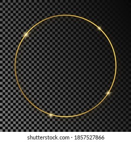 Gold glowing circle frame with shadow isolated on dark transparent background. Shiny frame with glowing effects. Vector illustration.