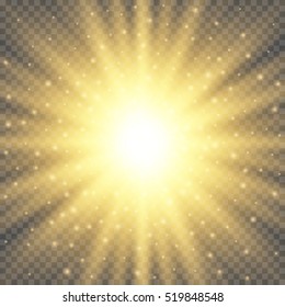 Gold Glowing Circle Light Burst Explosion On Transparent Background. Bright Flare Effect Decoration With Ray Sparkles. Transparent Shine Gradient Glare Texture. Vector Illustration Lights Effect Eps10
