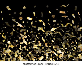 Gold glowing confetti flying on black holiday vector illustration. Luxurious flying sparkle elements, gold foil gradient serpentine streamers confetti falling birthday vector.