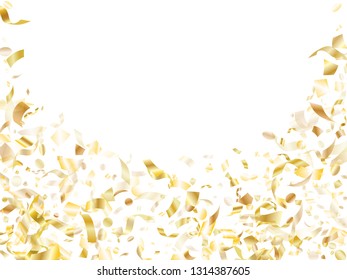 Gold glowing confetti flying on white holiday vector backdrop. Trendy flying sparkle elements, gold foil texture serpentine streamers confetti falling christmas background.