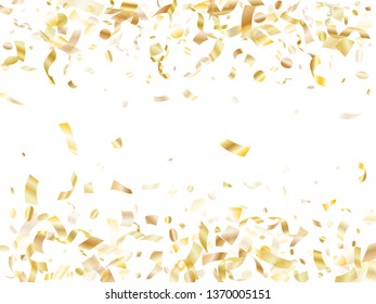 Gold glowing confetti flying on white holiday vector design. Trendy flying tinsel elements, gold foil texture serpentine streamers confetti falling party vector.