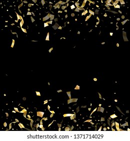 Gold glowing confetti flying on black holiday vector backdrop. Glamourous flying sparkle elements, gold foil gradient serpentine streamers confetti falling anniversary background.