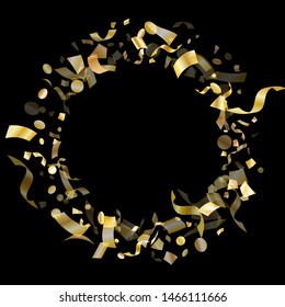 Gold glowing confetti flying on black holiday vector illustration. Rich flying sparkle elements, gold foil gradient serpentine streamers confetti falling festive background.