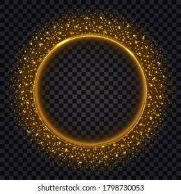 Marco dorado brillante con brillantes destellos. Borde dorado, forma redonda, efecto brillante realista. Objeto aislado sobre fondo transparente oscuro, ilustración vectorial