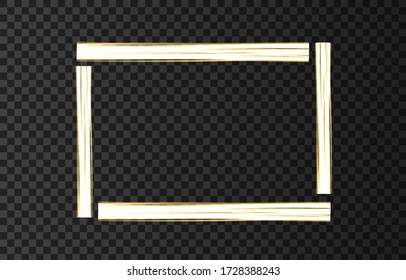 Goldener Rahmen mit Lichteffekten auf schwarz-transparentem Hintergrund isoliert. Das goldene Viereckbanner. Vektor Neonform.