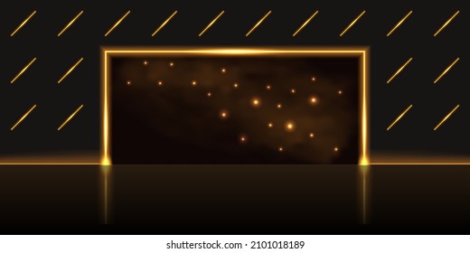 Gold glowing gate, portal to magic galaxy space with golden smoke and sparkles. Neon light shine effect. Techno futuristic design, glowing neon streak lines, laser beams. Vector illustration