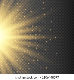 Gold glowing half light burst explosion on transparent background. Bright yellow flare effect decoration with ray sparkles. Transparent shine gradient glare texture. Vector illustration lights effect