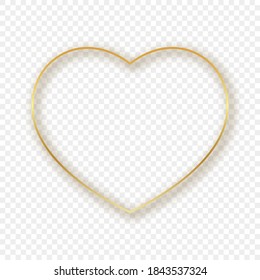 Gold glowing heart shape frame with shadow isolated on transparent background. Shiny frame with glowing effects. Vector illustration.