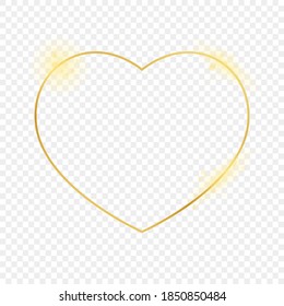 Goldener, leuchtender Rahmen in der Herzform einzeln auf transparentem Hintergrund. Leuchtender Rahmen mit leuchtenden Effekten. Vektorgrafik.