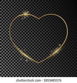 Gold glowing heart shape frame isolated on dark transparent background. Shiny frame with glowing effects. Vector illustration.