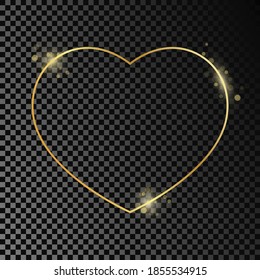 Gold glowing heart shape frame isolated on dark transparent background. Shiny frame with glowing effects. Vector illustration.