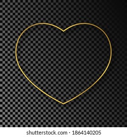 Gold glowing heart shape frame with shadow isolated on dark transparent background. Shiny frame with glowing effects. Vector illustration.