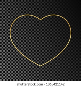 Gold glowing heart shape frame isolated on dark transparent background. Shiny frame with glowing effects. Vector illustration.