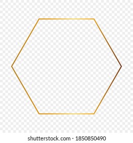 Gold glowing hexagon frame isolated on transparent background. Shiny frame with glowing effects. Vector illustration.