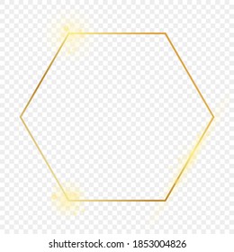 Goldener, leuchtender Hexagonrahmen einzeln auf transparentem Hintergrund. Leuchtender Rahmen mit leuchtenden Effekten. Vektorgrafik.