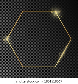 Gold glowing hexagon frame isolated on dark transparent background. Shiny frame with glowing effects. Vector illustration.