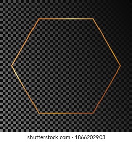 Gold glowing hexagon frame isolated on dark transparent background. Shiny frame with glowing effects. Vector illustration.