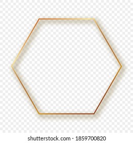 Gold glowing hexagon frame with shadow isolated on transparent background. Shiny frame with glowing effects. Vector illustration.