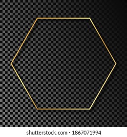 Gold glowing hexagon frame with shadow isolated on dark transparent background. Shiny frame with glowing effects. Vector illustration.