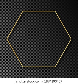 Gold glowing hexagon frame with shadow isolated on dark transparent background. Shiny frame with glowing effects. Vector illustration.