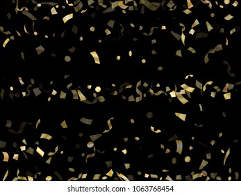 Gold glowing holiday realistic confetti flying on black vector backdrop. Holiday tinsel sparkle elements flying, gradient foil texture serpentine streamers confetti falling festive background.