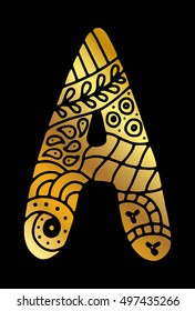 Gold glowing  letter A in creative hand drawn / calligraphy mosaic style. High detail letter. Vector illustration.