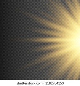 Gold glowing light burst explosion on transparent background. Bright yellow flare effect decoration with ray sparkles. Transparent shine gradient glare texture. Vector illustration lights effect eps10